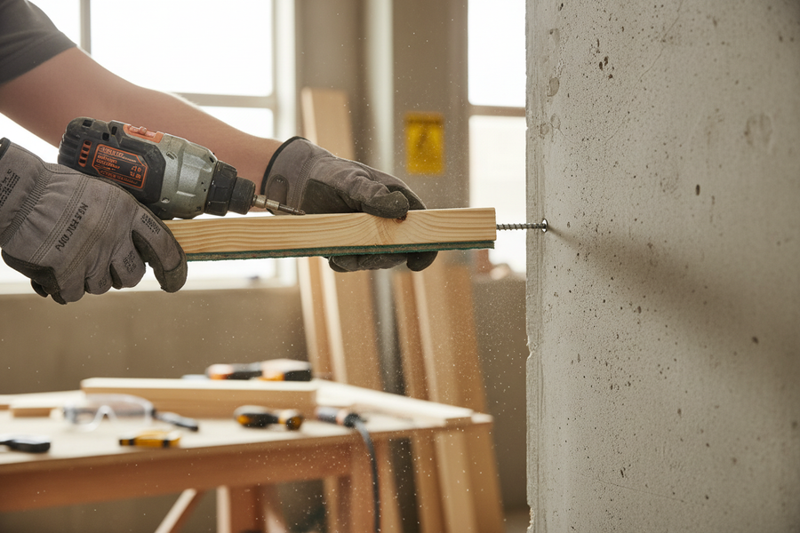Gloved hands using a power drill to install the Professional Heavy Duty Composite Batten for Impact Sound Insulation - 1800mm x 45mm x 55mm, ideal for acoustic and noise reduction in construction projects.