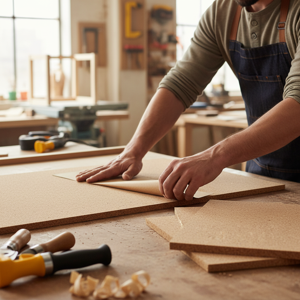 Craftsman applying Premium Fine Grain Adhesive Cork Sheet - 610mm x 450mm - 7mm Thick - Pack of 4 for Wall Coverings and Pinboards. Ideal for soundproofing, noise reduction, and acoustic insulation projects.