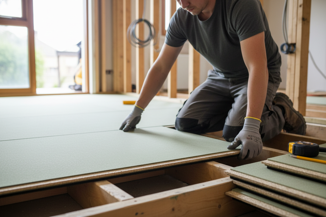 High-Performance Acoustic Overlay Panel 2400mm x 600mm x 37mm for Effective Soundproofing, displayed being installed over wooden joists, showcasing noise reduction and sound insulation capabilities with visible stud walls and wiring.
