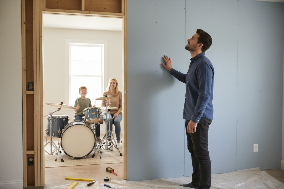 Man inspecting newly installed Premium 15mm Heavy Duty Sound Insulation Plasterboard - 2400 x 1200mm, 45 Rw dB Noise Reduction, 30 Minutes Fire Resistance, ideal for home soundproofing and acoustic noise reduction.