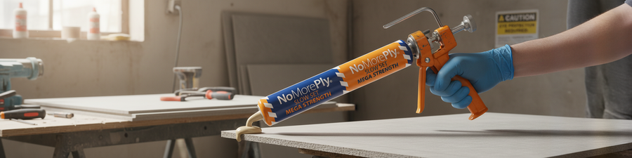 Person applying Premium Polyurethane Foil Adhesive 600ml - High Bond Strength for Board Installation with an orange caulking gun, ideal for soundproofing, acoustic insulation, noise reduction, and vibration damping projects.