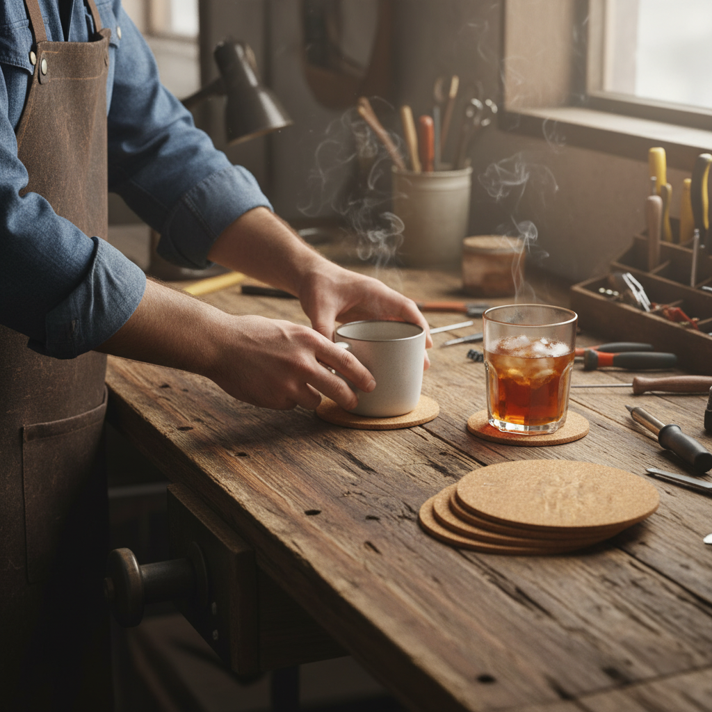 Premium Non-Adhesive Cork Coaster Sheets - 95mm diameter, 3mm thick, pack of 38, ideal for crafting and home use. Shown on a workbench with tools, emphasizing their utility for soundproofing projects.