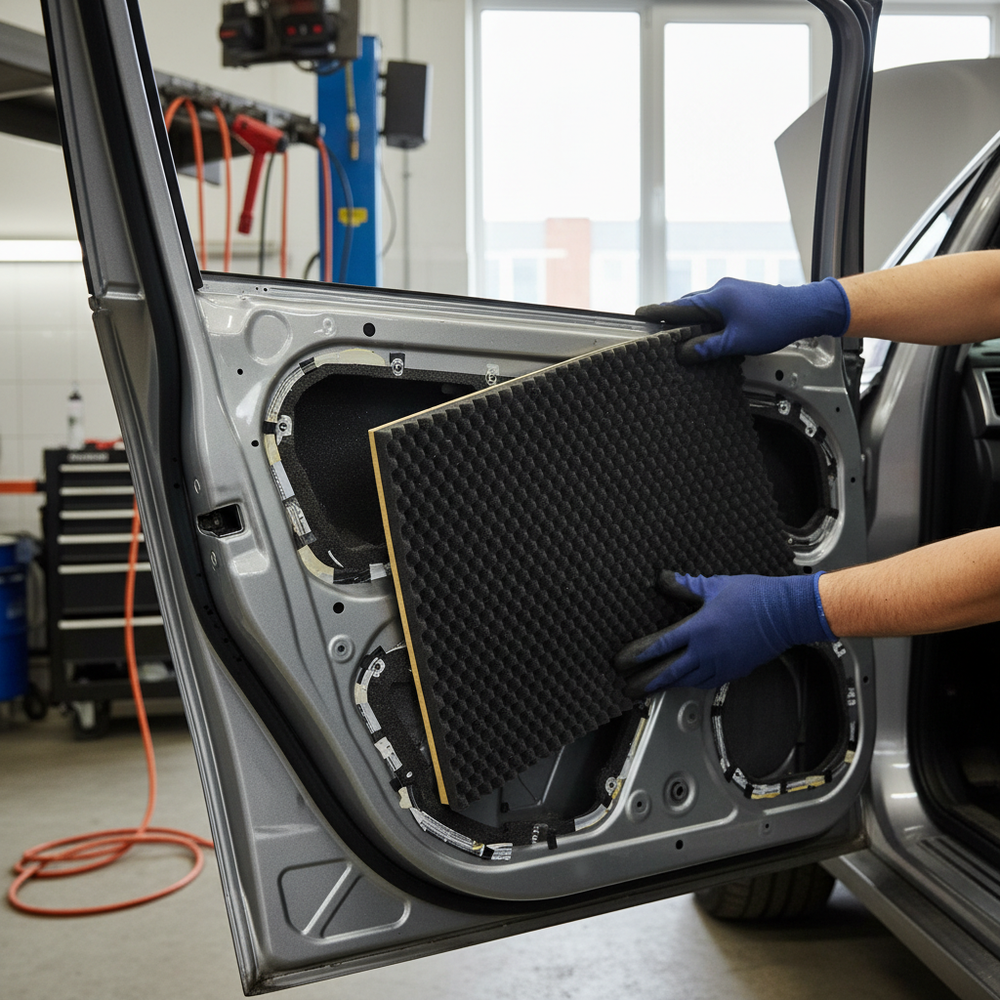 Technician installs Premium Noise-Absorbing Foam Material 35mm Thick with Self-Adhesive Layer for Effective Soundproofing in Vehicles, illustrating acoustic and vibration damping properties within a car door.