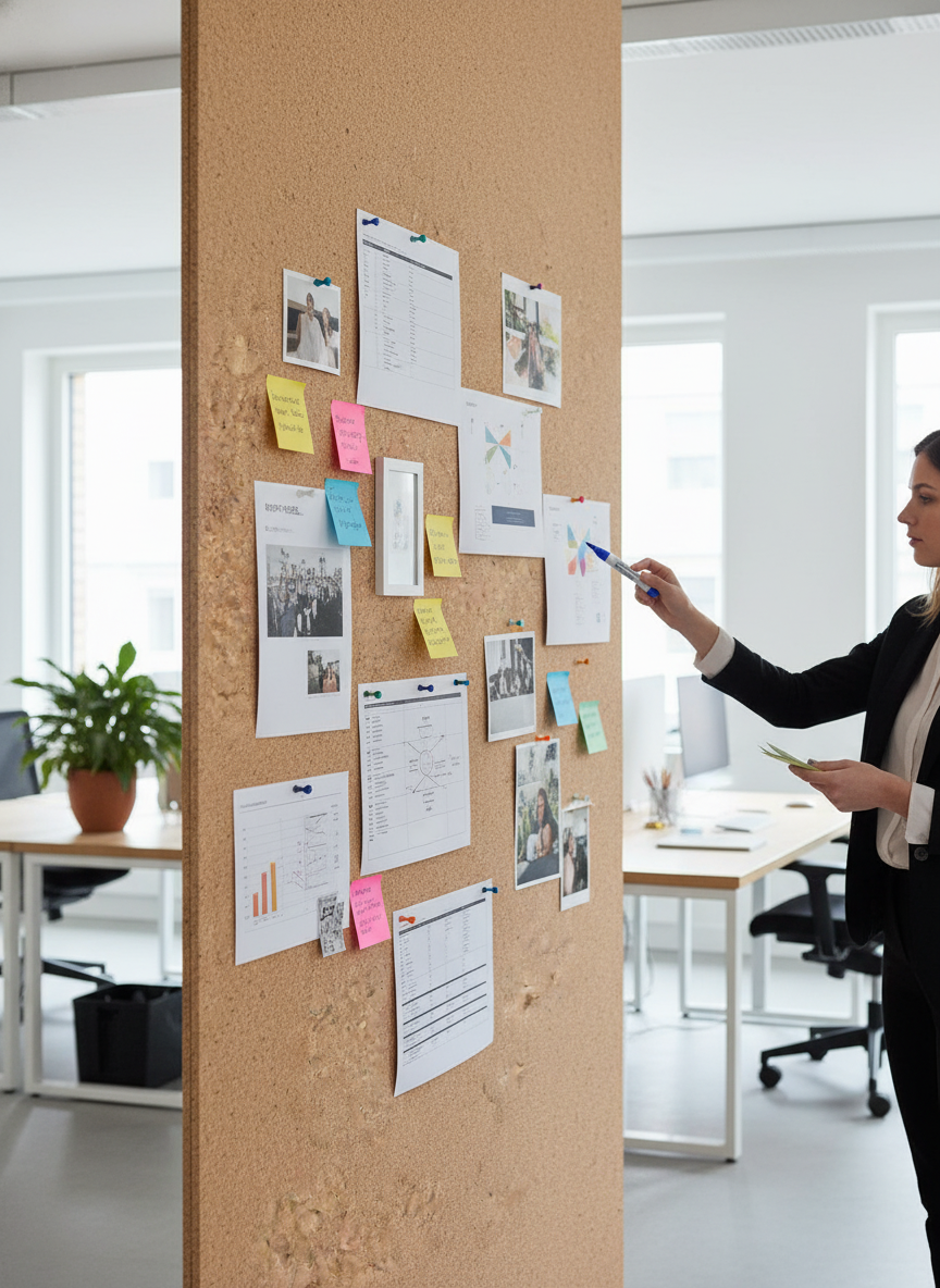 Premium Large Feature Wall Cork Roll stands in a sunlit office, used as a notice board with charts and notes. Ideal for soundproofing and acoustic insulation, measuring 5m x 1.22m x 6mm.