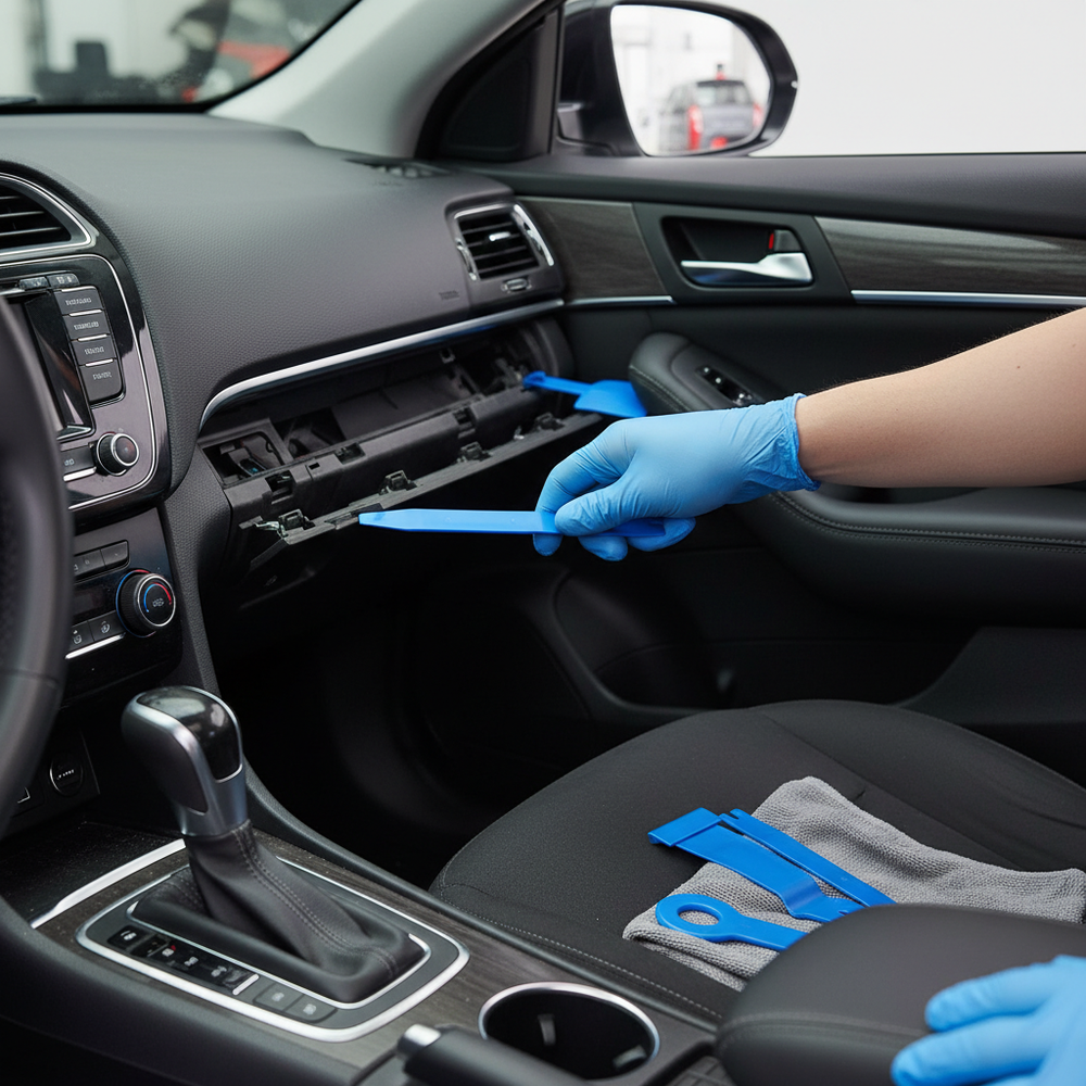 Person using the Premium 5 Piece Trim Removal Tool Set for Upholstery, Clips, and Mouldings—Strong, Durable, Non-Damaging Design—to safely remove dashboard panels, ideal for acoustic and soundproofing work.