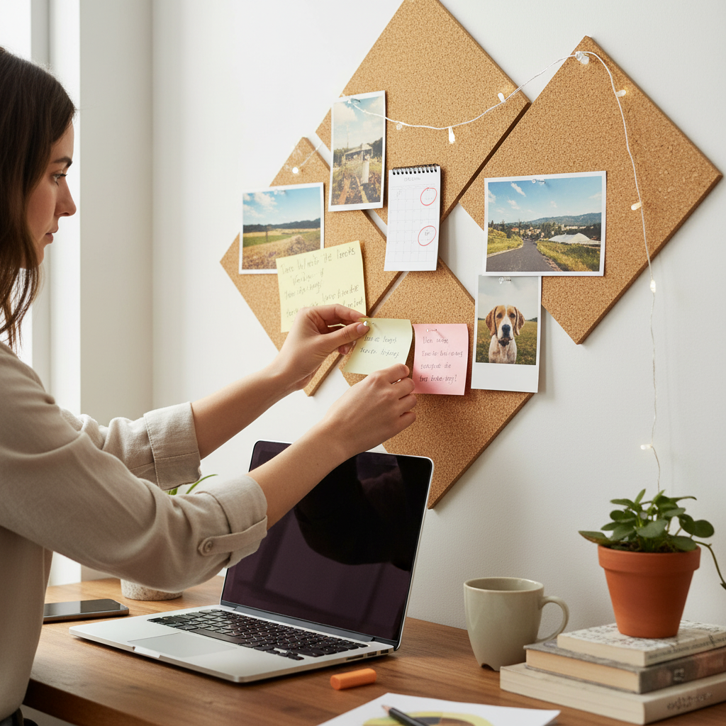 Premium Self-Adhesive Natural Cork Wall Tiles - 300mm x 300mm, 10mm Thick for Insulation and Pin Boards, displayed in a home office setup with colorful notes, offering soundproof and acoustic benefits.
