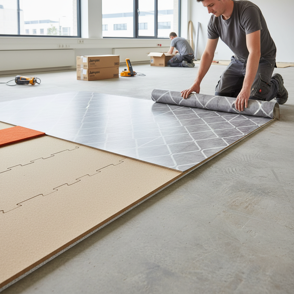 Tradesmen install Professional Acoustic Fast-Track Subfloor Preparation System, a soundproofing solution providing noise reduction for resilient floorings, showcasing its ease of use and exceptional sound insulation.