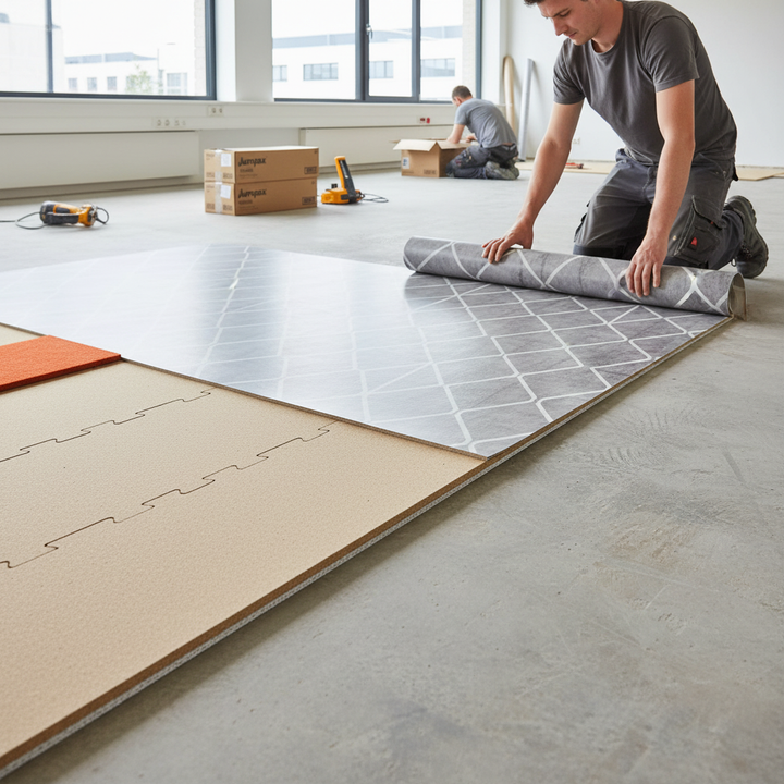 Tradesmen install Professional Acoustic Fast-Track Subfloor Preparation System, a soundproofing solution providing noise reduction for resilient floorings, showcasing its ease of use and exceptional sound insulation.