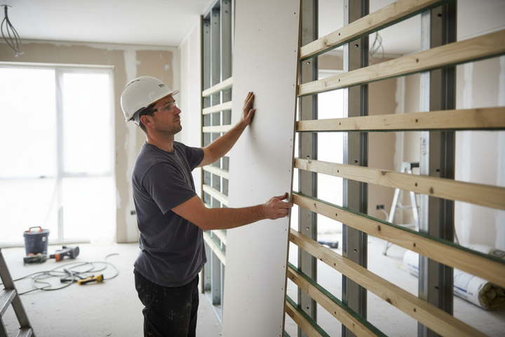 Professional Heavy Duty Composite Batten for Impact Sound Insulation - 1800mm x 45mm x 55mm, visible in construction setting, ideal for noise reduction and acoustic insulation, enhancing soundproofing in building renovations.