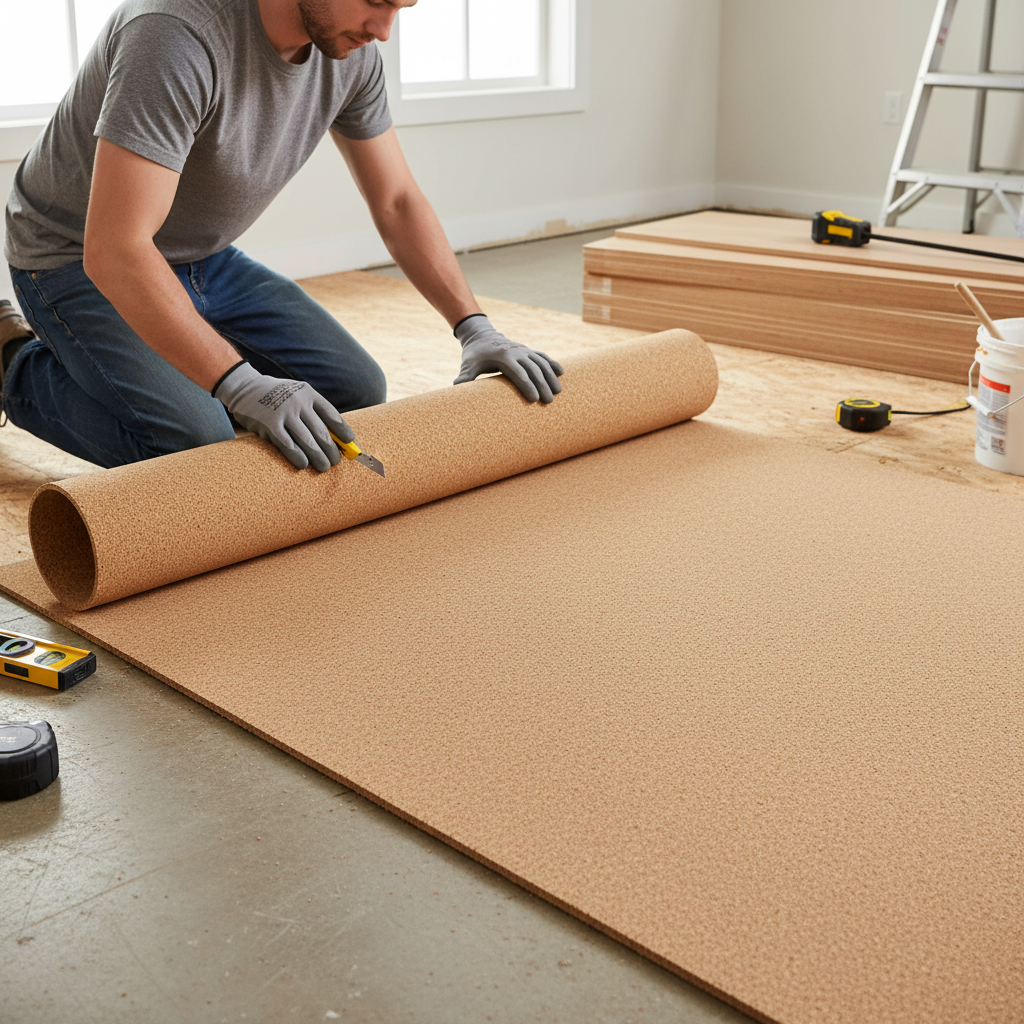 Person kneeling, cutting Premium Fine Grain Large Cork Roll - 2m x 1m - 10mm Thick for Interior Walls, ideal for soundproofing and acoustic insulation, surrounded by flooring tools and materials.