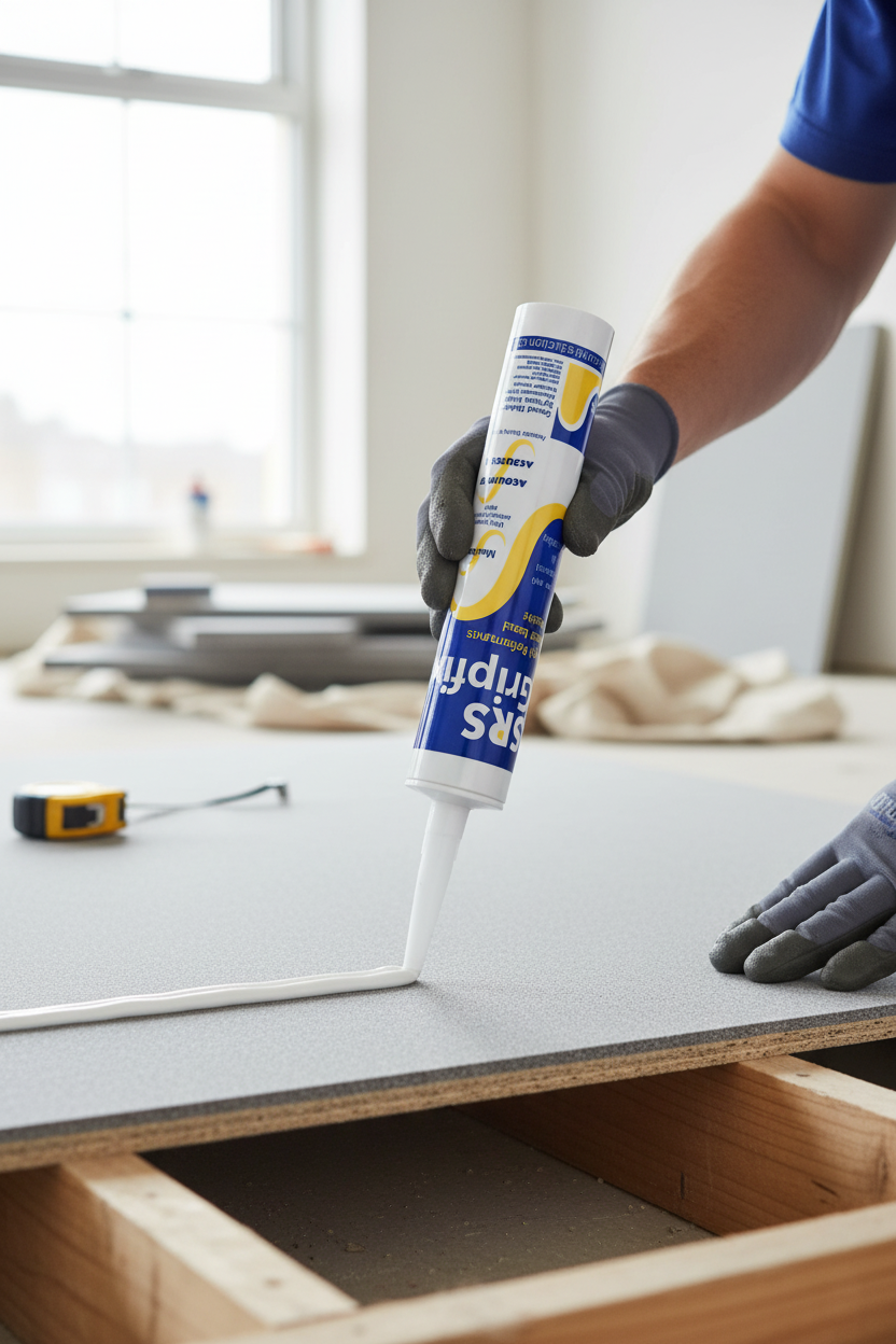Close-up of gray work gloves applying High-Performance Multi-Purpose Gap-Filling Adhesive for Interior and Exterior Use - 310ml on a panel, ideal for soundproofing and acoustic insulation projects.