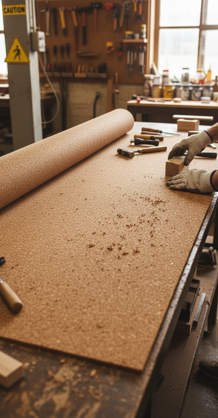 Premium Cork Roll - 12ft x 2ft - 3mm Thick for Versatile Applications in a woodworking shop setting, perfect for soundproofing, acoustic insulation, and noise reduction projects.