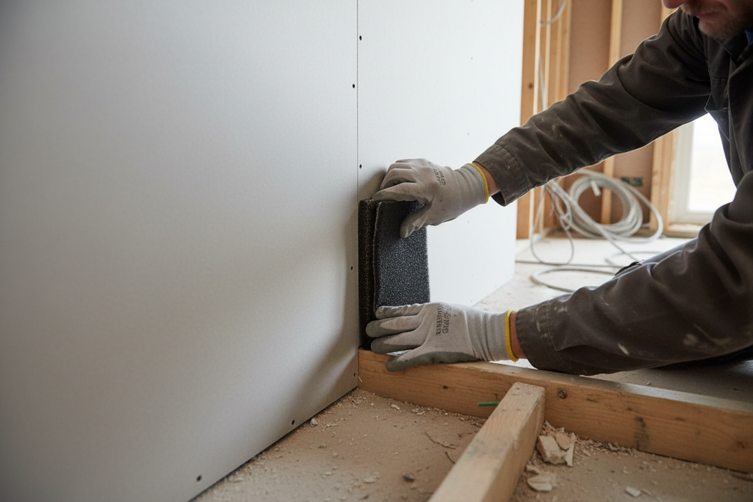 Worker installing Professional Multi-Purpose Acoustic Barrier with Lead for Sound Attenuation - 2000mm x 1200mm x 13mm, emphasizing soundproofing and noise reduction, on drywall, showcasing its flexibility and acoustic efficiency.