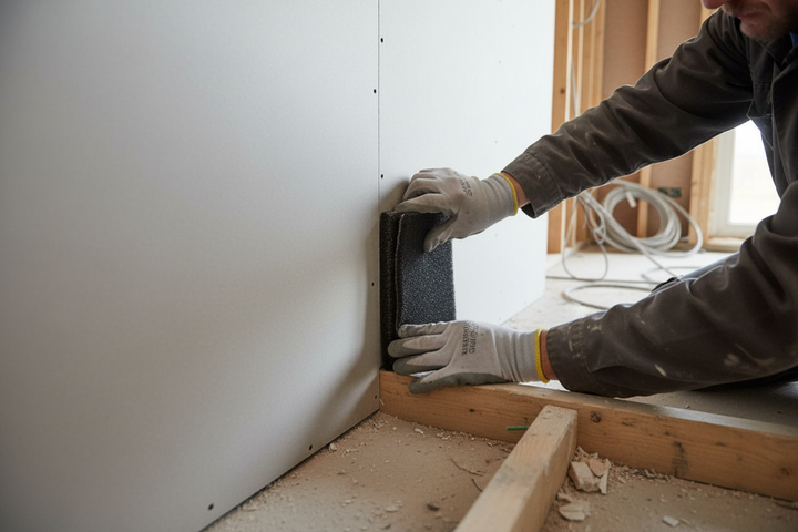 Worker installing Professional Multi-Purpose Acoustic Barrier with Lead for Sound Attenuation - 2000mm x 1200mm x 13mm, emphasizing soundproofing and noise reduction, on drywall, showcasing its flexibility and acoustic efficiency.