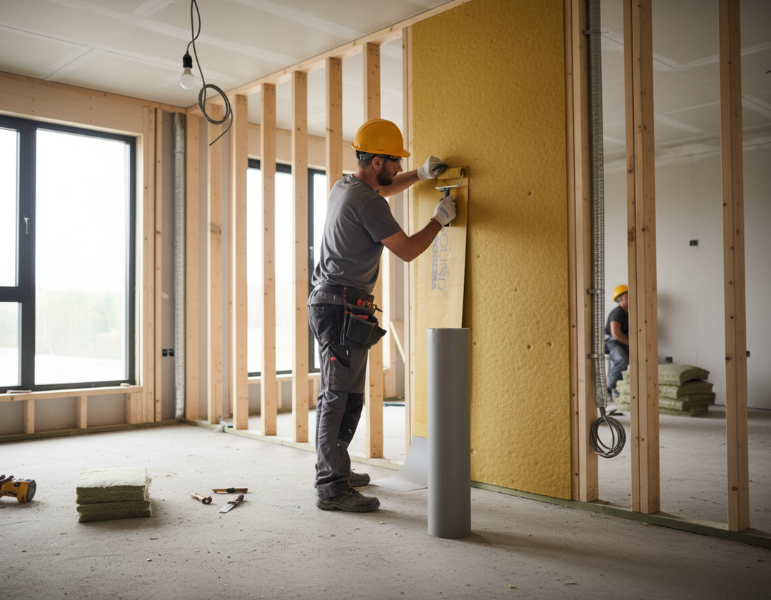 Tradesman installs High-Performance Acoustic Barrier Mat 1.20m x 4.0m, enhancing noise reduction; visible insulation application reflects Sound Deadening UK's quality soundproofing solutions for effective sound insulation and vibration damping.