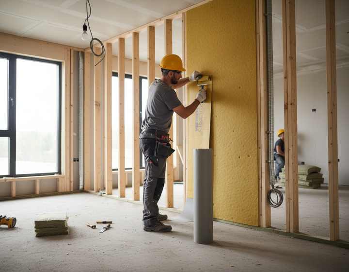 Tradesman installs High-Performance Acoustic Barrier Mat 1.20m x 4.0m, enhancing noise reduction; visible insulation application reflects Sound Deadening UK's quality soundproofing solutions for effective sound insulation and vibration damping.