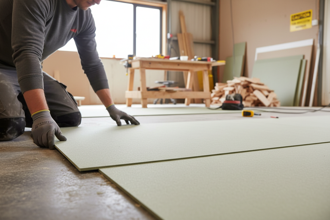 Person fitting Premium Acoustic Floor System MDF 6mm panels with tongue & groove design, ensuring soundproofing and noise reduction in a workshop setting, surrounded by tools and building materials.