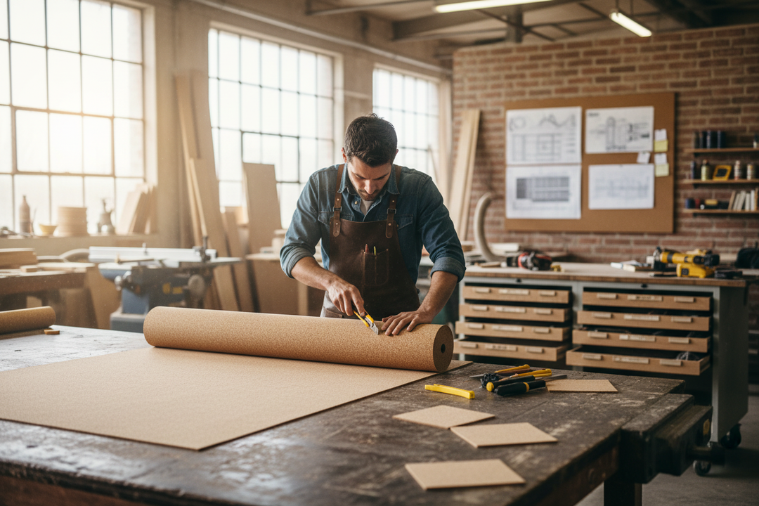 Man in a denim shirt uses a utility knife to cut the Premium Natural Cork Underlay Roll, 10m x 1m x 10mm Thickness, ideal for soundproofing, acoustic insulation, and noise reduction in flooring applications.