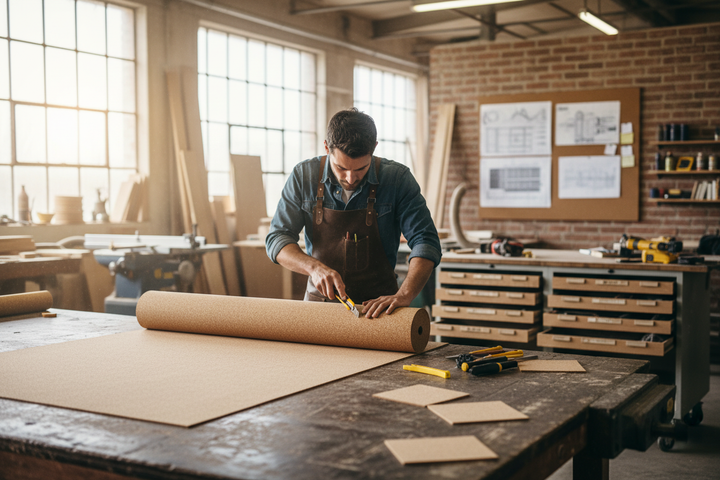 Man in a denim shirt uses a utility knife to cut the Premium Natural Cork Underlay Roll, 10m x 1m x 10mm Thickness, ideal for soundproofing, acoustic insulation, and noise reduction in flooring applications.