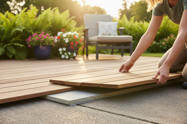 Installing Premium High-Performance Acoustic Overlay Board for Noise Reduction over a concrete slab, showcasing its soundproof, moisture-resistant design ideal for versatile environments. Outdoor lounge area visible, enhancing installation setting.