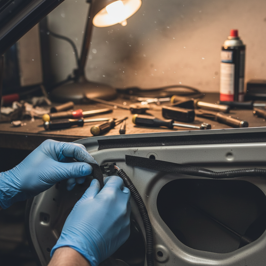 Close-up of a person using blue nitrile gloves to install Premium Self-Adhesive Fabric Tape for Noise Reduction in Automotive Interior Elements, demonstrating soundproofing and vibration damping on a car door panel.