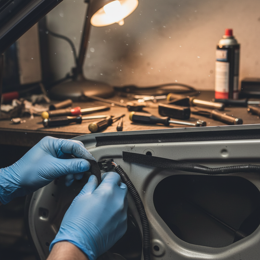 Close-up of a person using blue nitrile gloves to install Premium Self-Adhesive Fabric Tape for Noise Reduction in Automotive Interior Elements, demonstrating soundproofing and vibration damping on a car door panel.