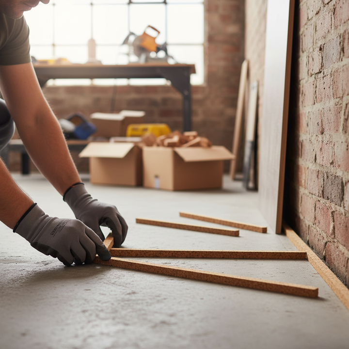 Person installing Premium Cork Expansion Joint - 600mm x 10mm for Flooring Gaps - 30 Pack with 18 Meters Coverage, ideal for soundproofing and acoustic insulation, preventing flooring noise and vibration issues.