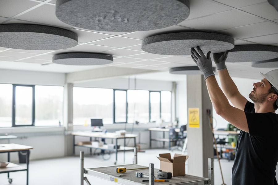 Tradesman installing Premium Acoustic Ceiling Panel for Noise Reduction - Ideal for Schools, Restaurants, and Offices, on a suspended ceiling grid, showcasing soundproof and acoustic properties for improved sound insulation.
