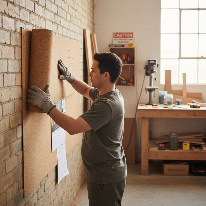 Man in workshop installing Premium Fine Grain Large Cork Roll, 2m x 1m, 2mm thick, on brick wall. Ideal for soundproofing, noise reduction, and acoustic insulation, enhancing decor with a smooth finish.