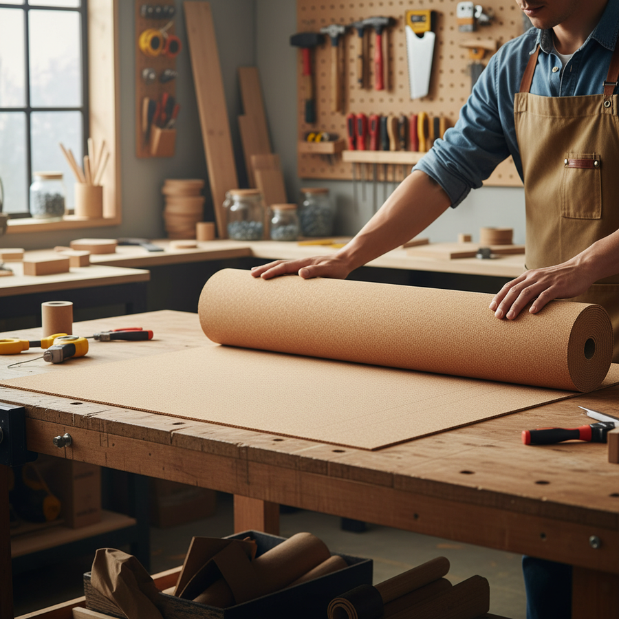 Premium Fine Grain Large Cork Roll 10m x 1m - 10mm Thick for Interior Walls is being unrolled in a workshop, showcasing a smooth, natural finish ideal for acoustic insulation and soundproofing projects.