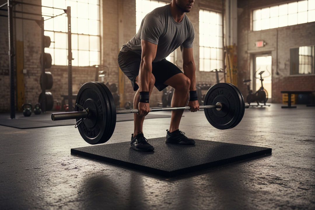 Person performing deadlift on Premium Acoustic Rubber Gym Flooring Tiles for Home and Commercial Use. Durable, noise-reducing, and easy to install, ideal for soundproofing and acoustic insulation in gym settings.