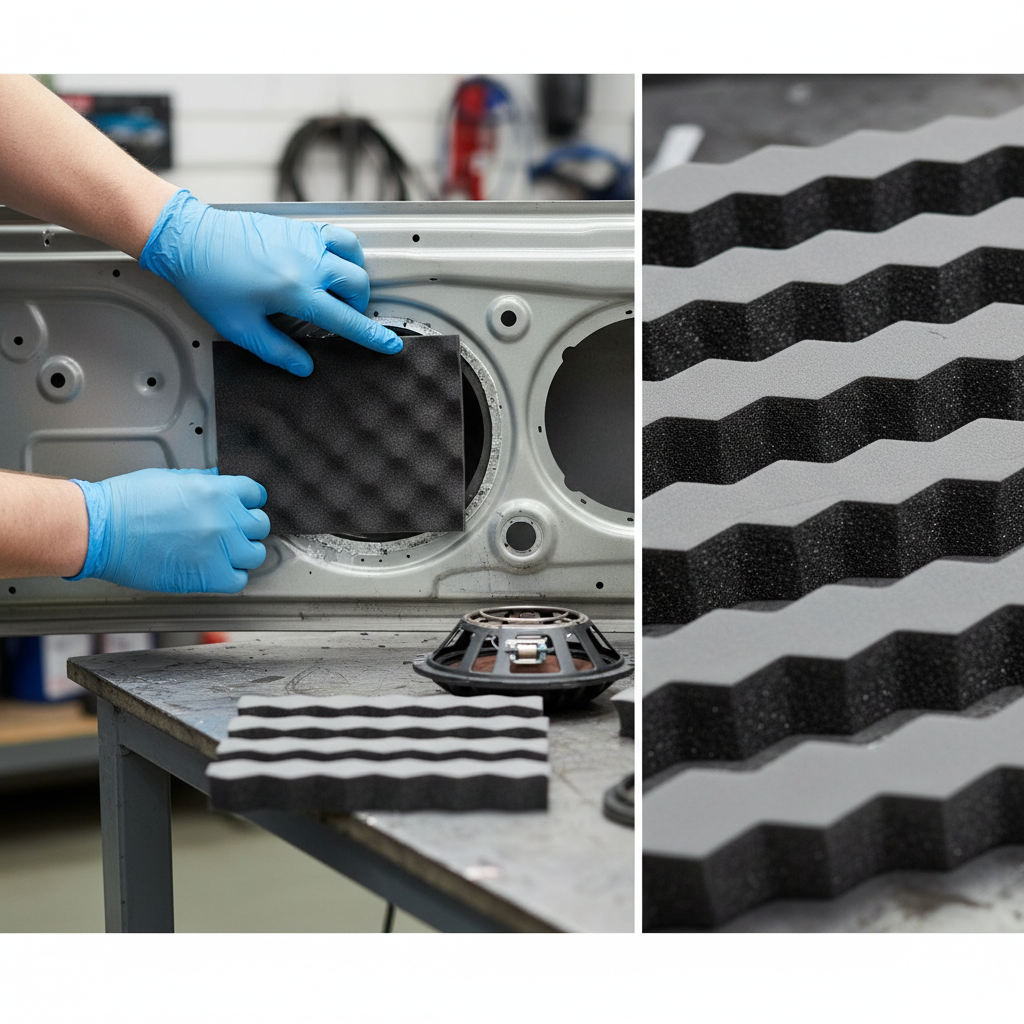 Professional Speaker Enhancer Kit with Acoustic Foam, Peel & Stick Installation for Enhanced Sound Quality and Noise Reduction, shown being fitted into a car door; close-up of egg-crate foam texture for soundproofing and acoustic insulation.