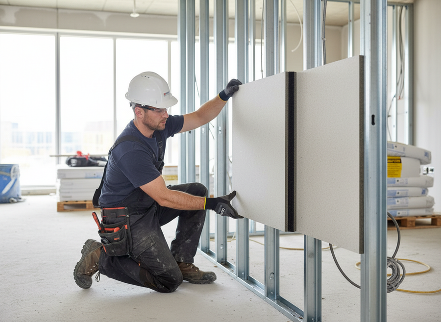 Tradesperson fitting a Premium High-Performance Acoustic Building Board into a metal-stud wall frame in a room under renovation. Ideal for soundproofing, noise reduction, and superior sound insulation in walls and ceilings.