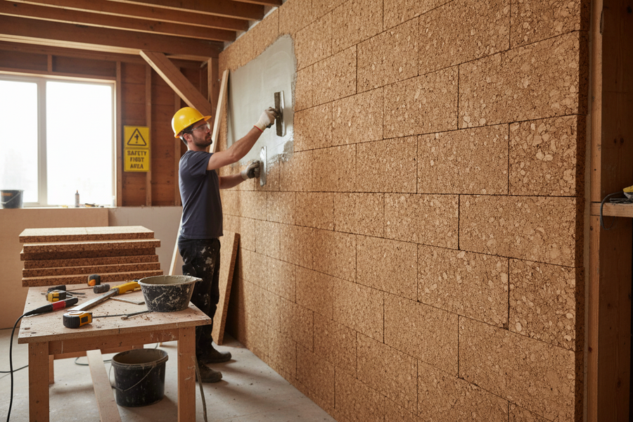Man in a yellow hard hat applies mortar to a partially finished wall of Premium Insulation Cork Board Pack of 12 Sheets - 1000mm x 500mm, 25mm Thick for 6m² Coverage, enhancing soundproofing and acoustic insulation.