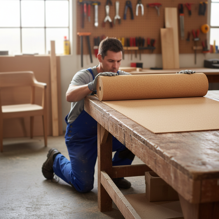 Man in workshop unrolls Premium Fine Grain Large Cork Roll 8m x 1m - 3mm Thick, ideal for interior wall soundproofing and acoustic noise reduction. Perfect for creating eco-friendly, sound-insulated spaces. Tools and lumber visible.