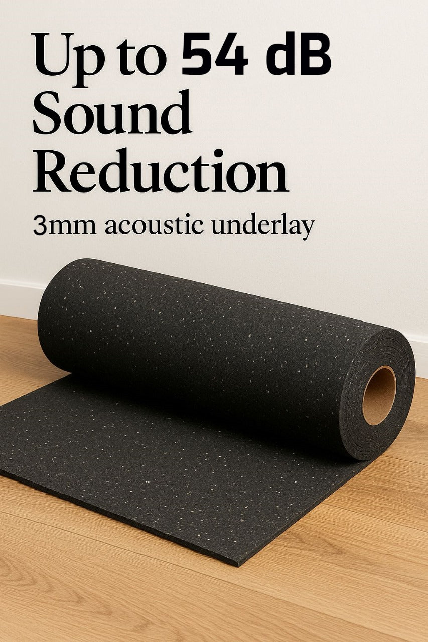 3mm Recycled Rubber Acoustic Underlay – Reduces Floor Noise by Up to 54 Silentcloud, Eco-Friendly. The image shows this soundproof underlay on a wooden floor, highlighting its acoustic insulation benefits.