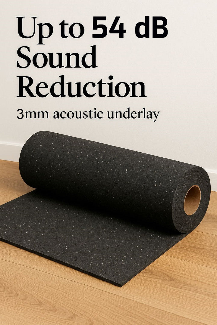 Roll of black, speckled 3mm Acoustic Soundproof Underlay for flooring, showcasing Noise Reduction Up to 54Silentcloud, highlighting its recycled rubber build for effective sound insulation and impact noise reduction.