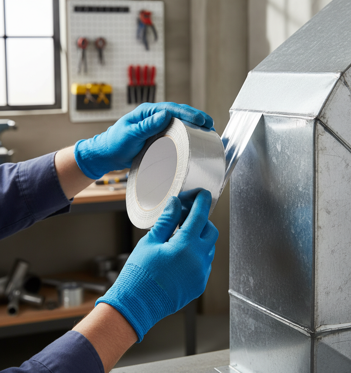 Close-up of Premium Aluminium Foil Finishing Tape 48mm x 45m with Hi Tack Adhesive. Ideal for soundproofing and acoustic projects, it seals seams on metal ducts, ensuring professional appearance and effective noise reduction.