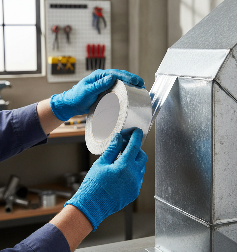 Close-up of Premium Aluminium Foil Finishing Tape 48mm x 45m with Hi Tack Adhesive. Ideal for soundproofing and acoustic projects, it seals seams on metal ducts, ensuring professional appearance and effective noise reduction.