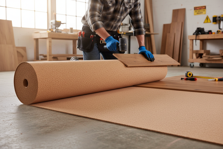 Installer fitting Premium Natural Cork Roll - 10m x 1m x 8mm Thick Underlay for Flooring Applications, using a rubber mallet and blue gloves in a workshop, ideal for soundproof and acoustic insulation.