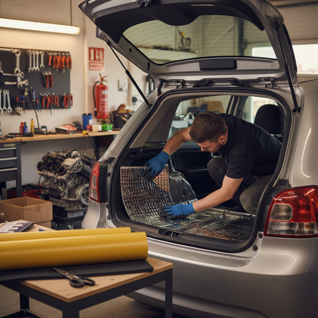 Man installing Premium Hatchback Car Boot Sound Proofing Bundle with high-performance damping and noise absorption materials in a silver hatchback, showcasing soundproof and acoustic insulation for noise reduction and vibration damping.