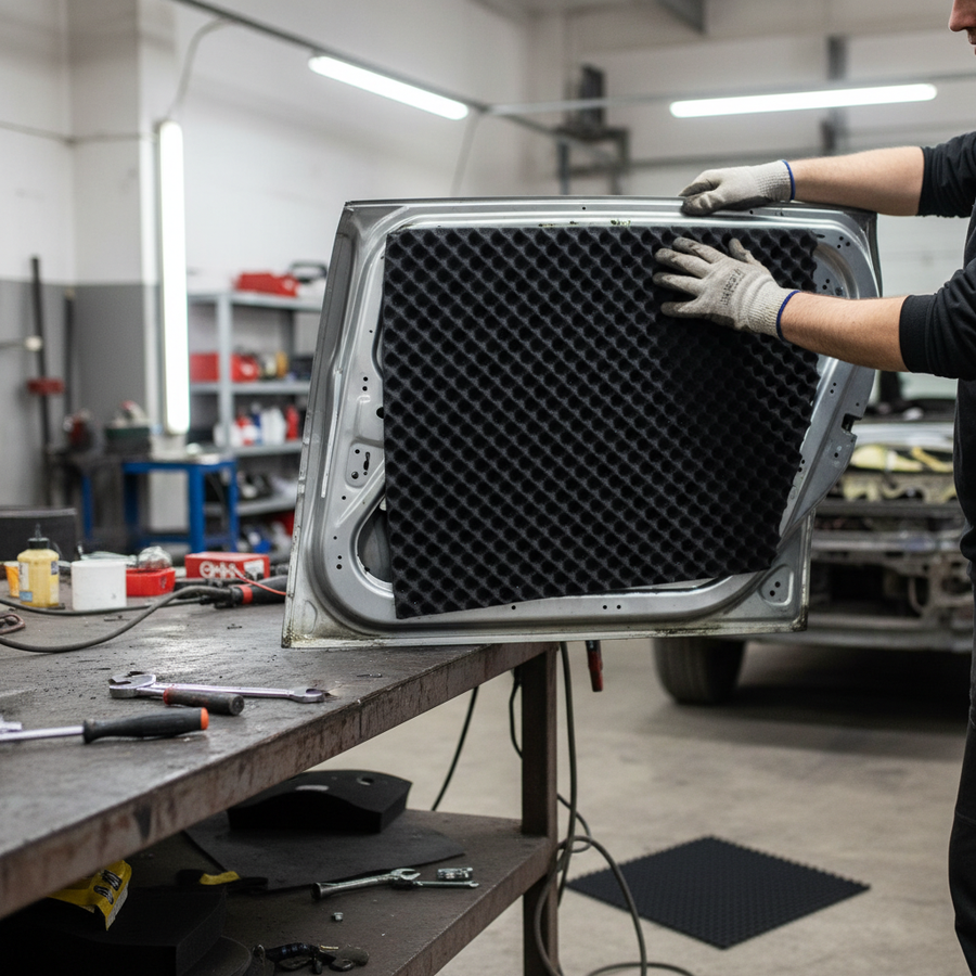 Premium Sound Absorber Foam 35mm Thick - High-Performance Self-Adhesive Sheets for Noise Reduction and Echo Control being installed in a car door, enhancing soundproofing and acoustic insulation with egg-crate design.