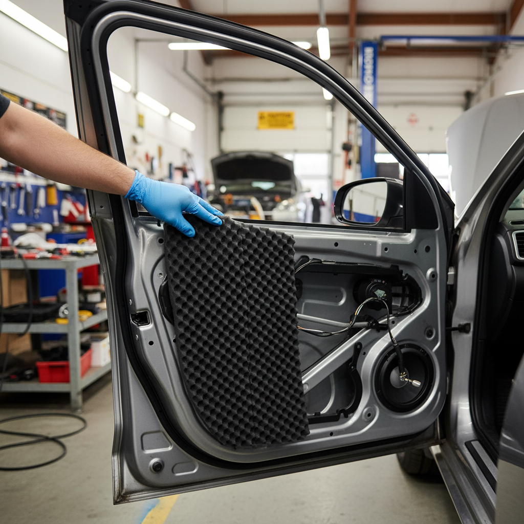 Premium Sound Absorber 15mm - 4 Sheet Pack for Enhanced Noise Control and Flexibility being fitted to a car door for soundproofing, showcasing its acoustic insulation capabilities and vibration damping properties in an auto-repair setting.
