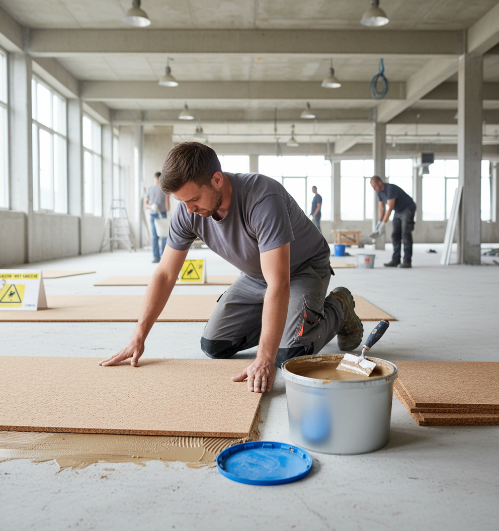 Tradesman applying Premium 2.5kg Cork Adhesive Tub for 10m² Coverage - Solvent-Free with Low Emissions for Porous Surfaces in an industrial setting, suitable for soundproofing and acoustic insulation applications.