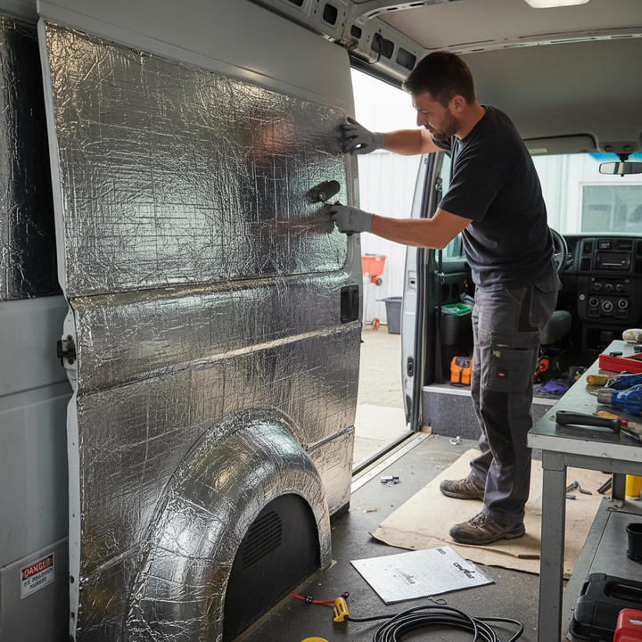 Man installing Premium Campervan Sound Deadening and Insulation Kit, applying foil-faced insulation mat to van's sidewall, surrounded by tools and plans, enhancing acoustic comfort and noise reduction.