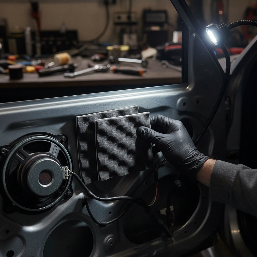 Professional Speaker Enhancer Kit with Acoustic Foam being applied to a vehicle door's inner skin. Highlighting peel & stick installation, this kit enhances sound quality and noise reduction, crucial for soundproofing and vibration damping.