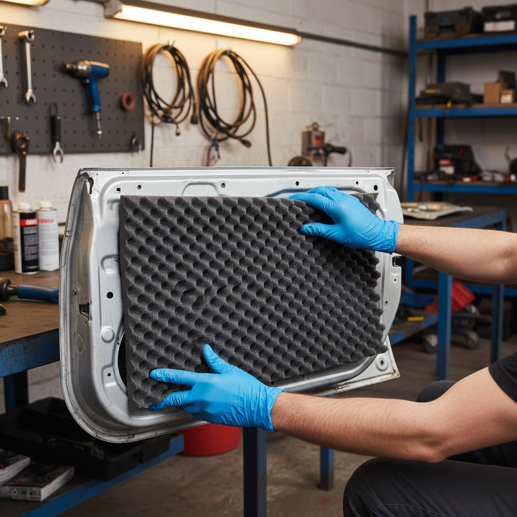 Blue-gloved hands install Premium Noise-Absorbing Material 15mm - High-Performance Self-Adhesive Sheet for Sound Insulation on a vehicle door, showcasing its soundproofing and acoustic noise reduction capabilities.