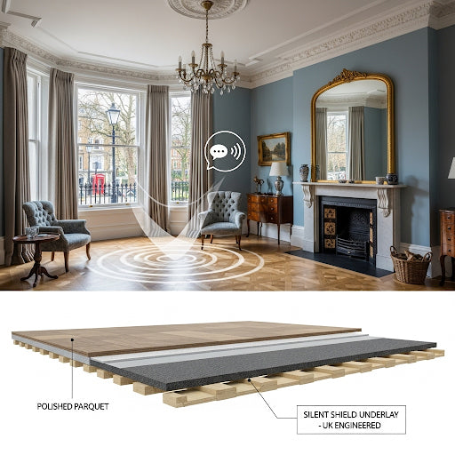3mm Acoustic Soundproof Underlay – Noise Reduction Rubber Sheet Up to 54dB shown in a classic living room with a parquet floor, highlighting its soundproofing layers and construction for effective acoustic insulation.