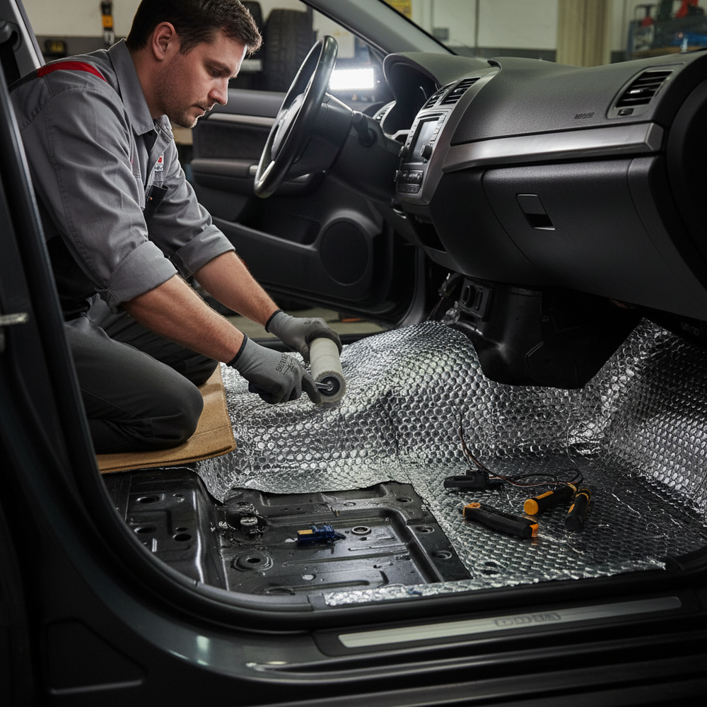 Technician applies Premium Self-Adhesive Sound Deadening Vibration Damper Sheet, featuring high-grade butyl construction, for noise reduction and vibration damping on a car's bare metal floor, enhancing acoustic insulation.