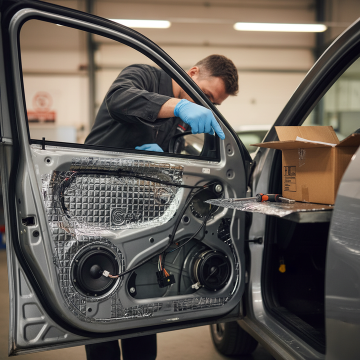 Technician installs Premium 4mm Damping Mat Pack - 12 Sheets for Noise and Vibration Reduction in Vehicles, showcasing soundproofing and acoustic insulation features within a car door at Sound Deadening UK workshop.